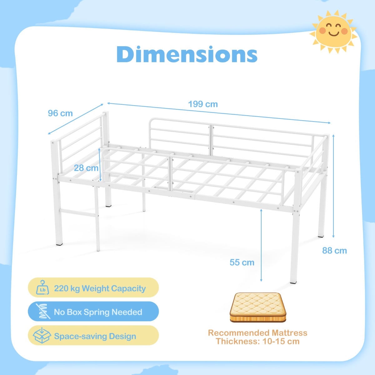 Single Size Low Loft Bed Metal Bed Frame with Safety Guardrails and 2 Ladders-White