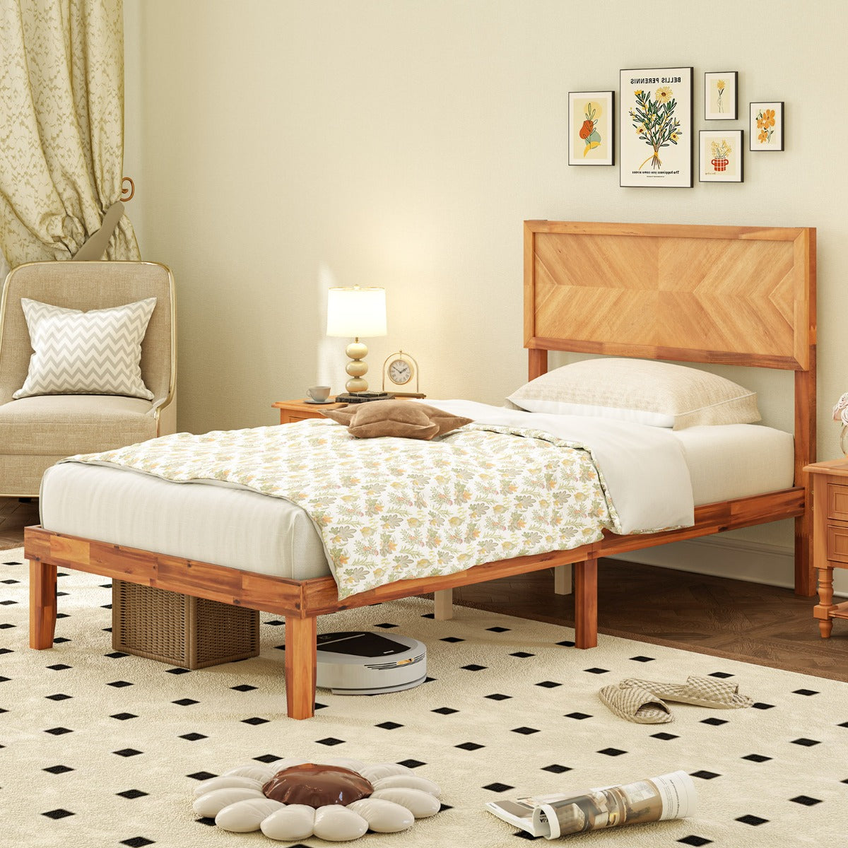 Single/King Size Mid-Century Acacia Wood Bed Frame with Headboard-Single Size