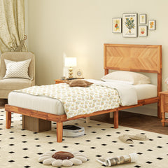 Single/King Size Mid-Century Acacia Wood Bed Frame with Headboard-Single Size