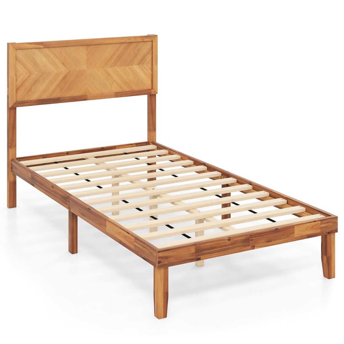 Single/King Size Mid-Century Acacia Wood Bed Frame with Headboard-Single Size