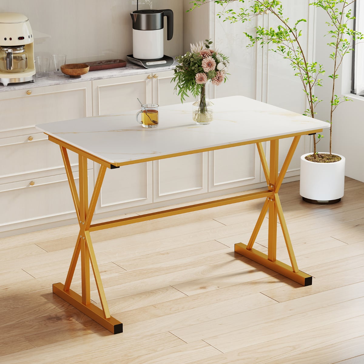 Sintered Stone Dining Table with Metal Frame-Golden