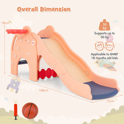 Kids Play Slide with Cute Elephant Shape and Basketball Hoop-Pink