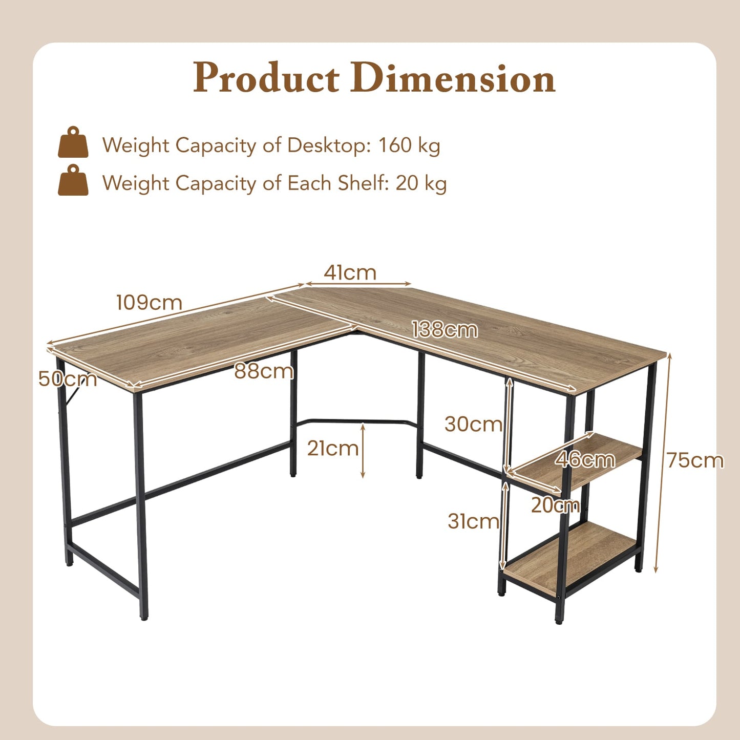 L-Shaped Computer Desk with 2-tier Shelves for Home Office Bedroom-Natural