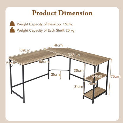 L-Shaped Computer Desk with 2-tier Shelves for Home Office Bedroom-Natural