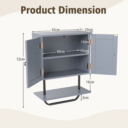 Bathroom Wall Cabinet with Double Door and Open Shelf and Towel Rack-Grey