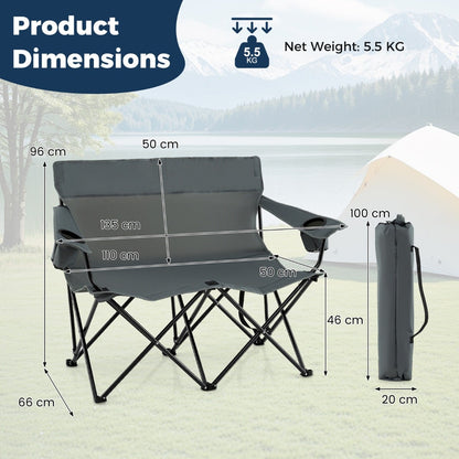 Double Camping Chair with Cup Holders and Carrying Bag-Grey