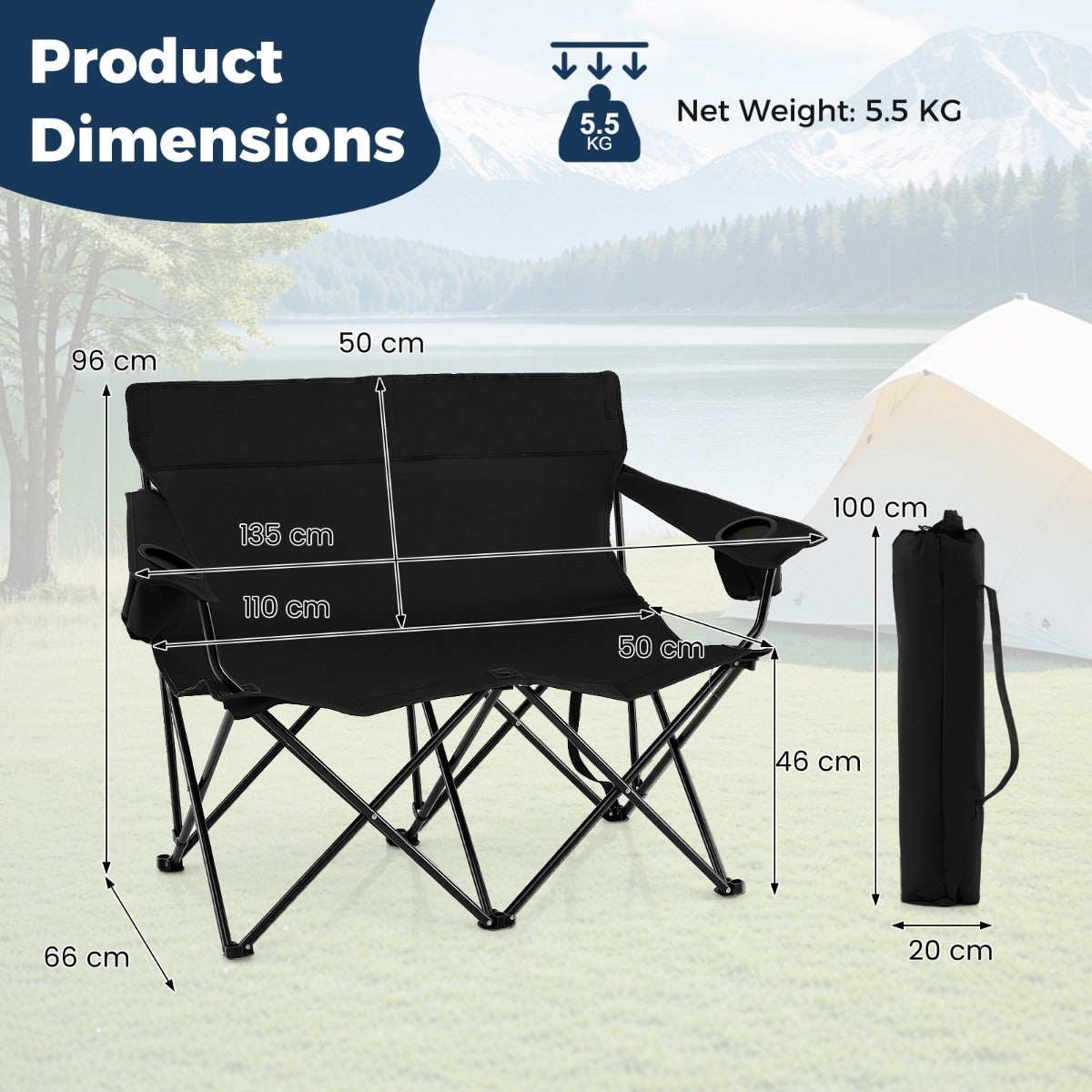 Double Camping Chair with Cup Holders and Carrying Bag-Black