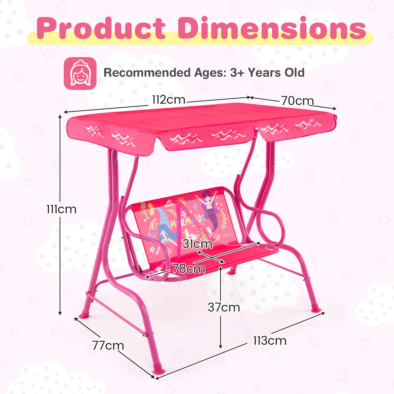 2-Seater Kids Patio Swing Chair with Adjustable Canopy and Safety Belt-Pink