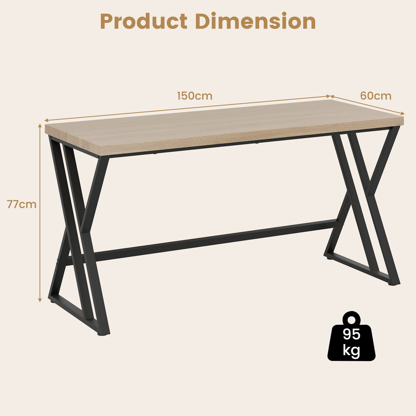 150cm Computer Desk with Heavy-duty Metal Frame and Crossbar-Grey