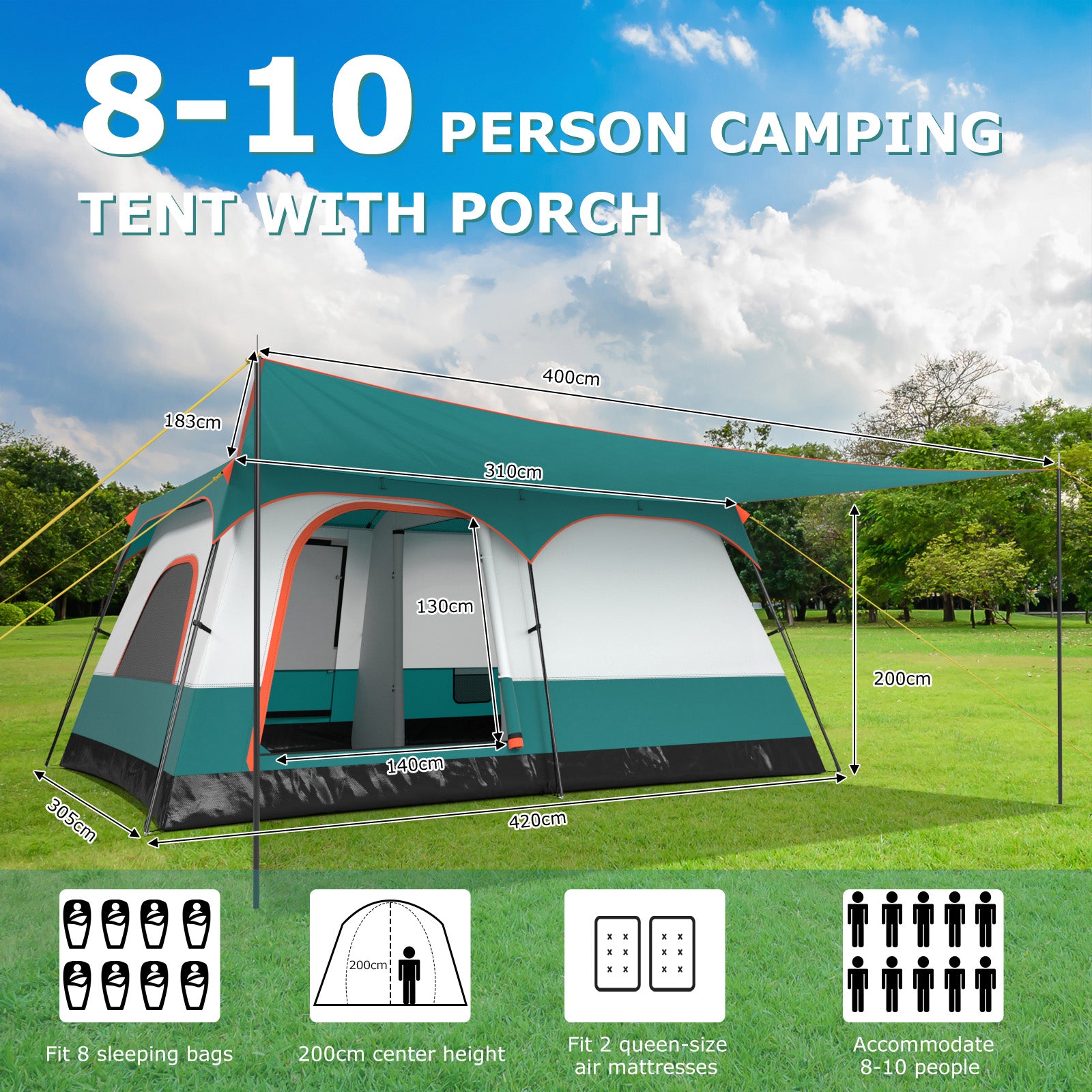 6/8/10-Person Camping Tent with Porch and Rainfly-L