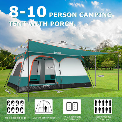 6/8/10-Person Camping Tent with Porch and Rainfly-L