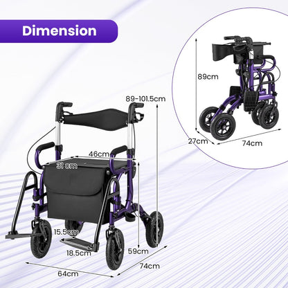 2-in-1 Foldable Rollator Walker with Seat and Pneumatic Tires for All Terrain-Purple