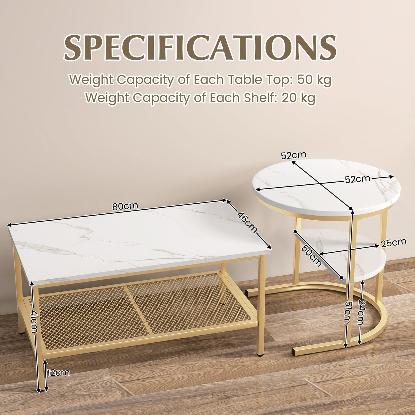 Set of 2 Nesting Coffee Table with Extra Storage Shelf-Golden
