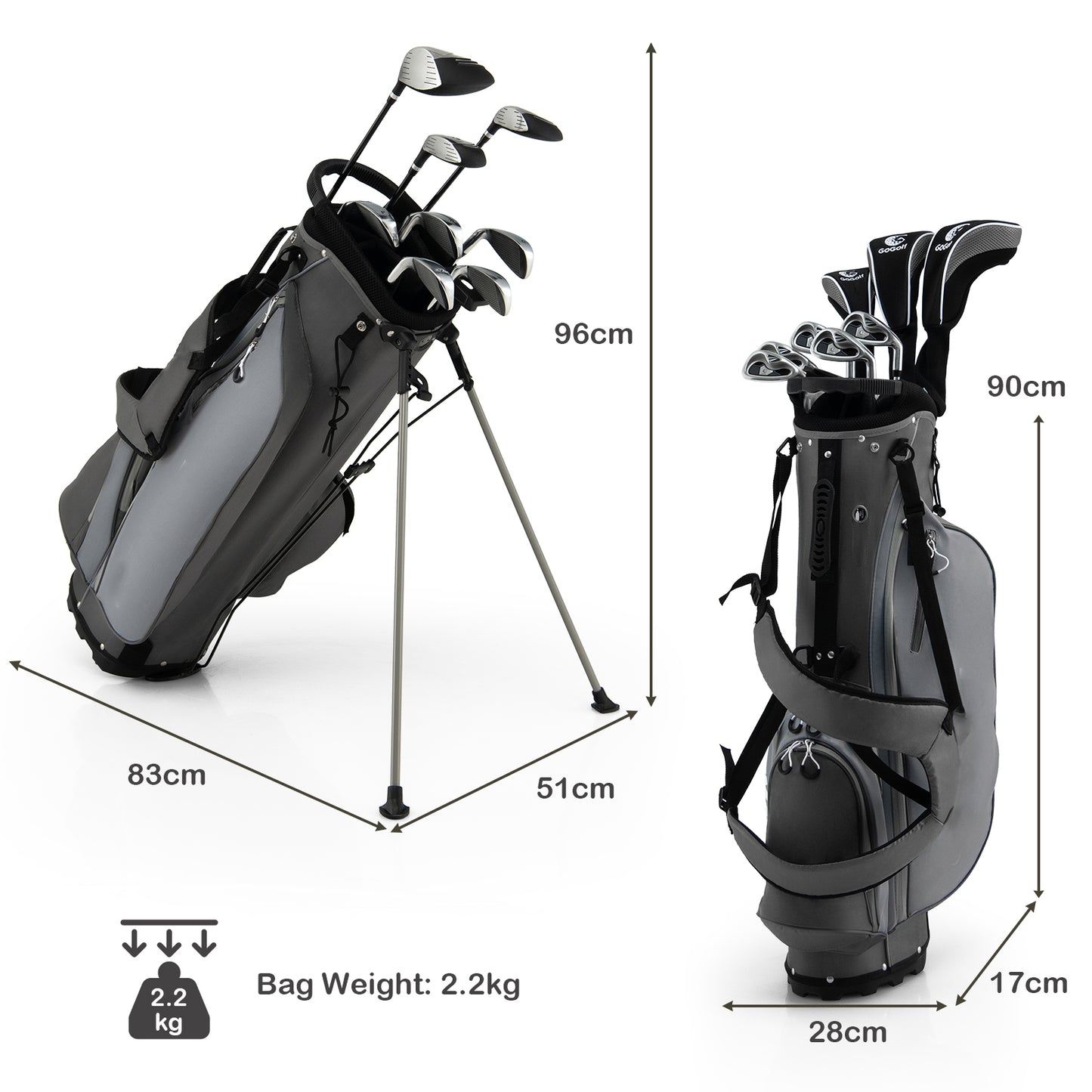 Men's Complete Golf Clubs Package Set 10 Pieces-Grey