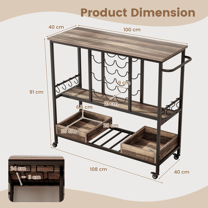 3 Tiers Bar Cart on Wheels with Glass Racks-Brown