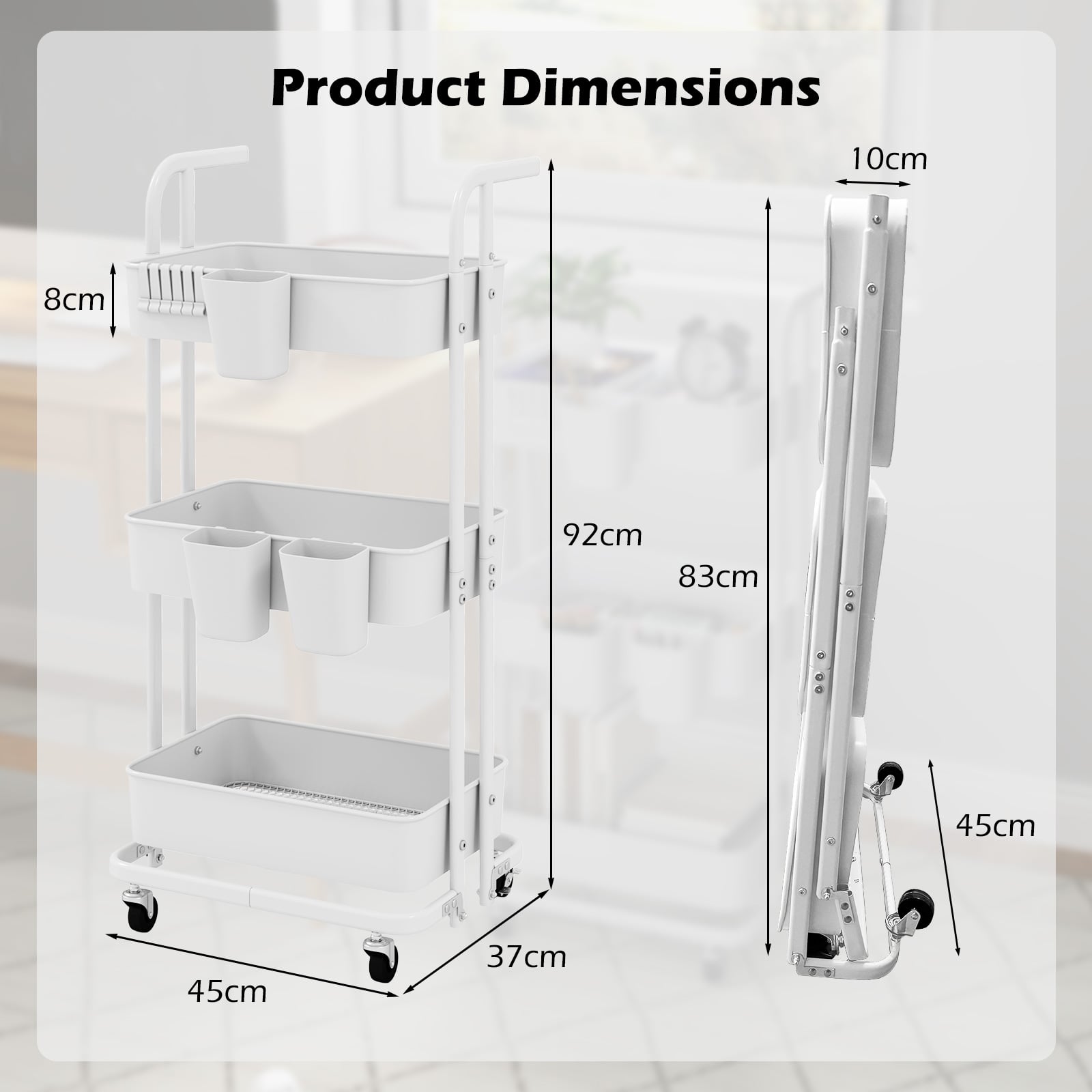 3-Tier Rolling Cart with 3 Hanging Cups and 6 Hooks-White