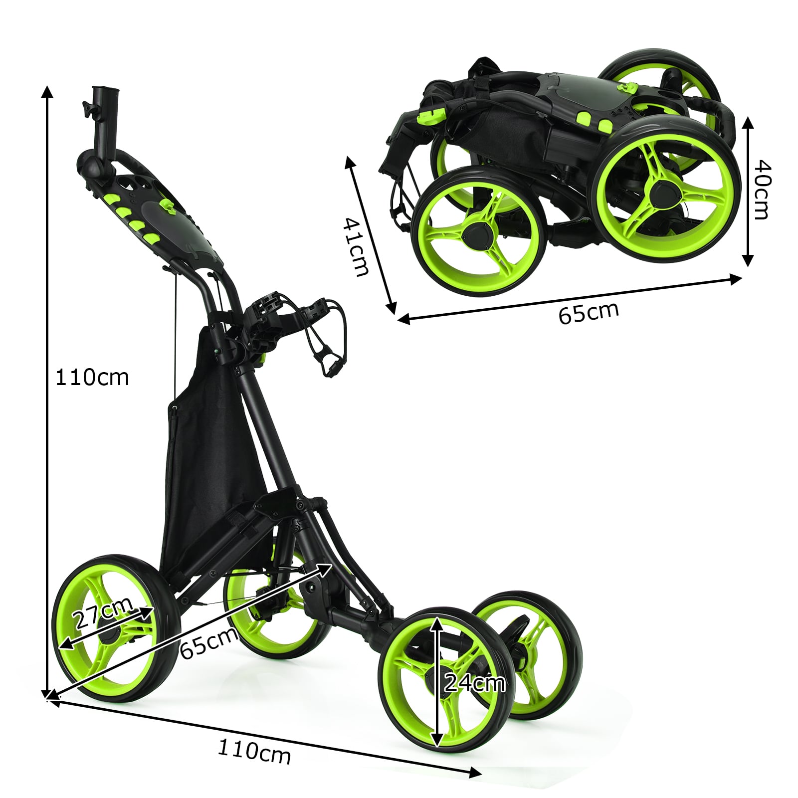 Golf Push Pull Cart with Waterproof Bag and Foot Brake-Green