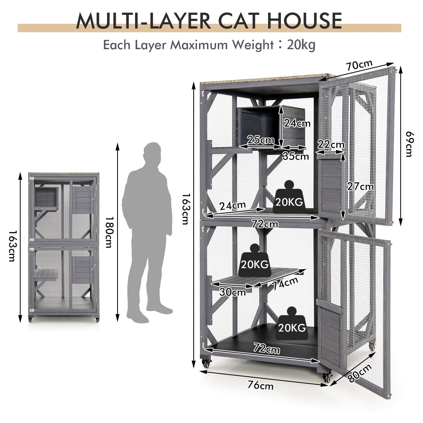 Wooden Cat House with Asphalt Roof and Large Front Door-Grey