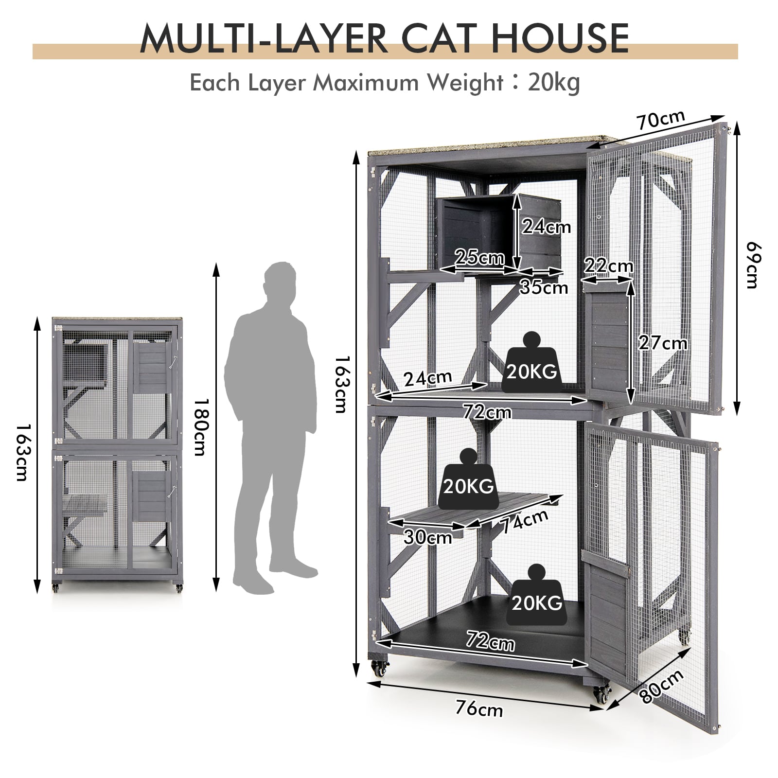 Wooden Cat House with Asphalt Roof and Large Front Door-Grey