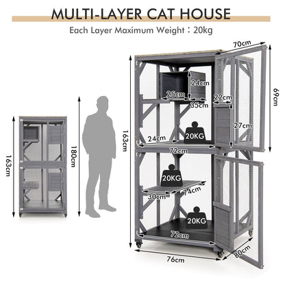 Wooden Cat House with Asphalt Roof and Large Front Door-Grey