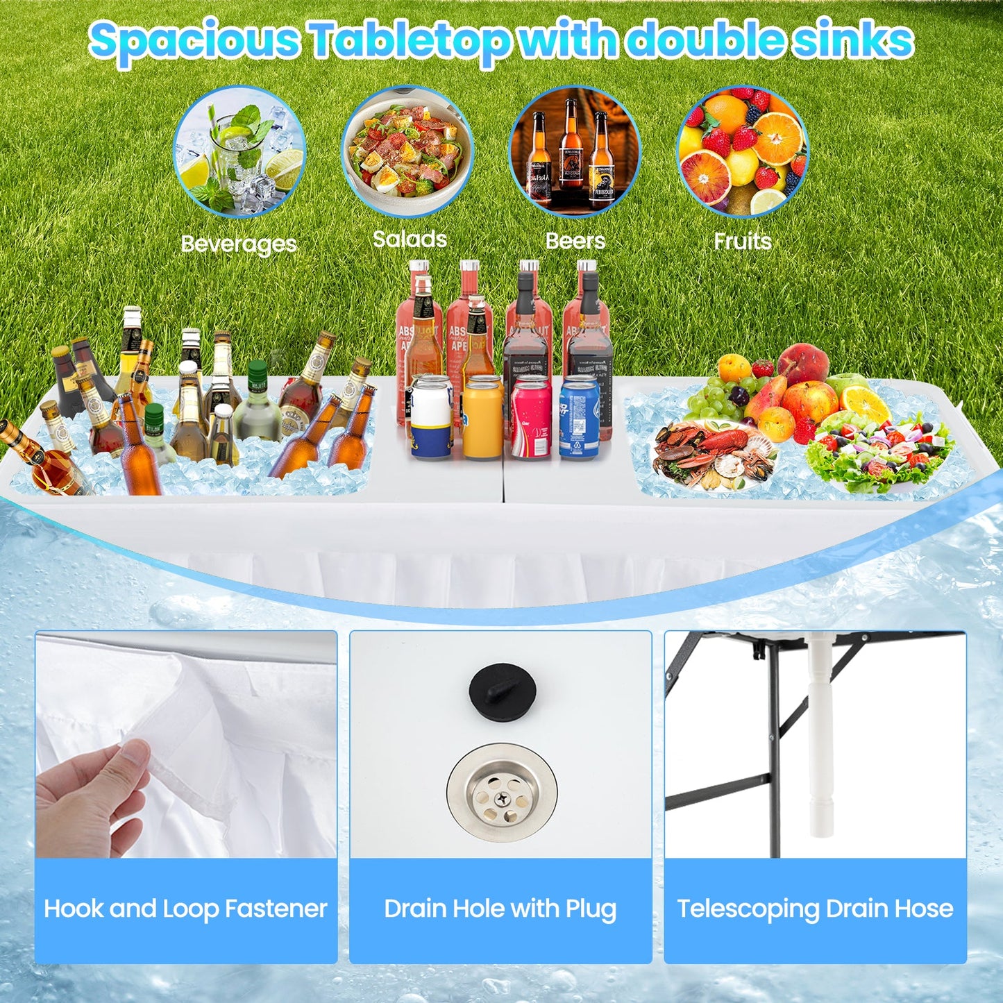 150CM Folding Ice Cooler Table with Double Sinks-White