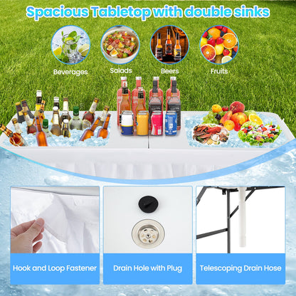 150CM Folding Ice Cooler Table with Double Sinks-White