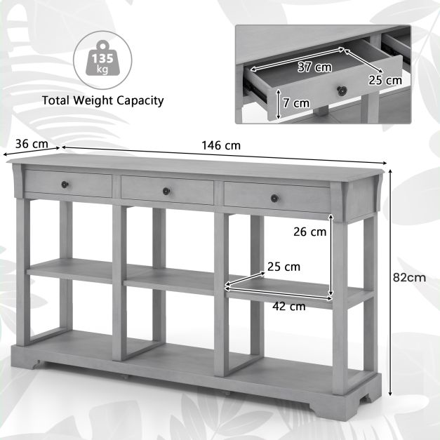 Retro Console Table with 3 Drawers and Open Shelves-Grey