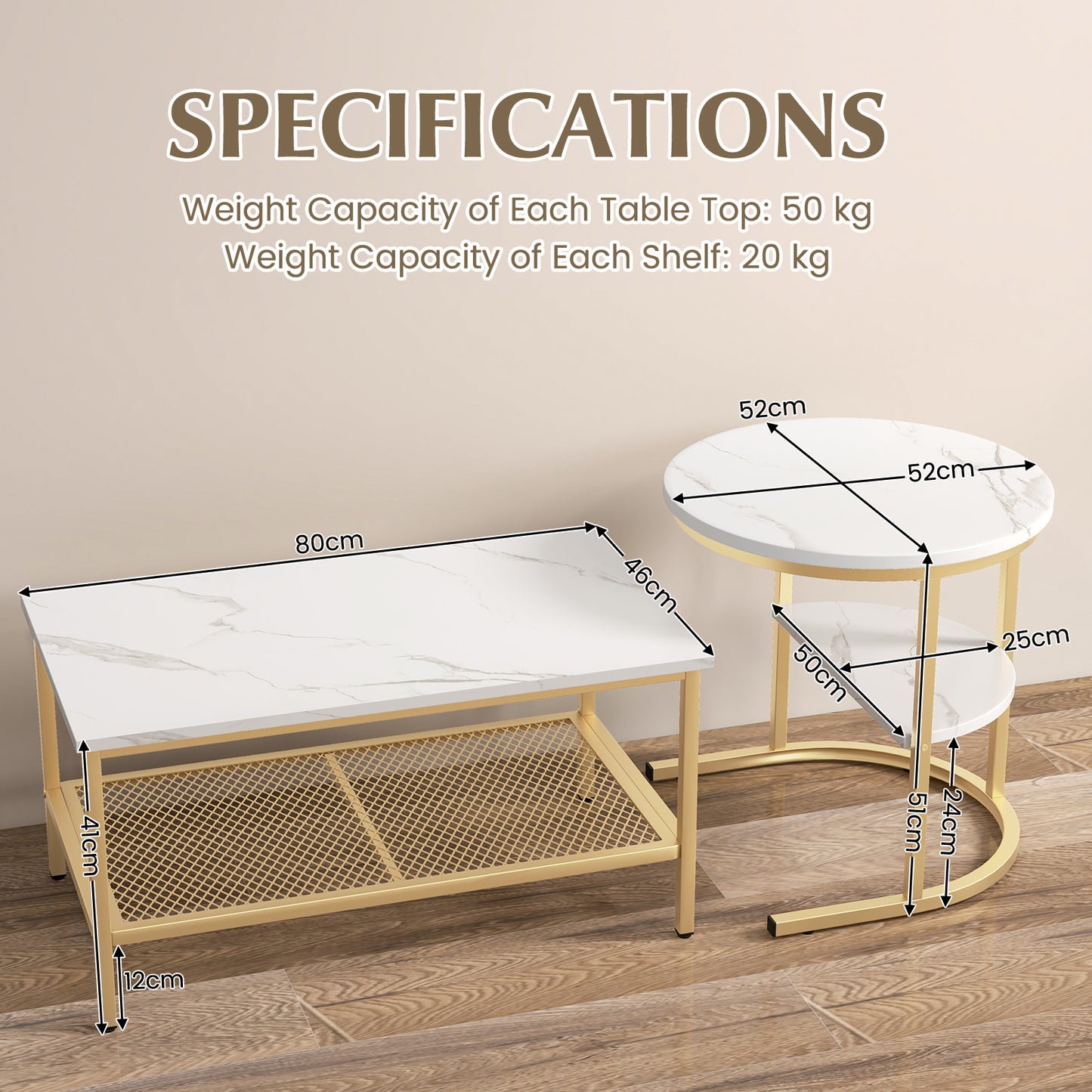 Set of 2 Nesting Coffee Table with Extra Storage Shelf-Golden