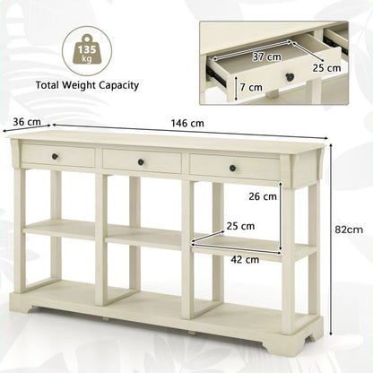 Retro Console Table with 3 Drawers and Open Shelves-White