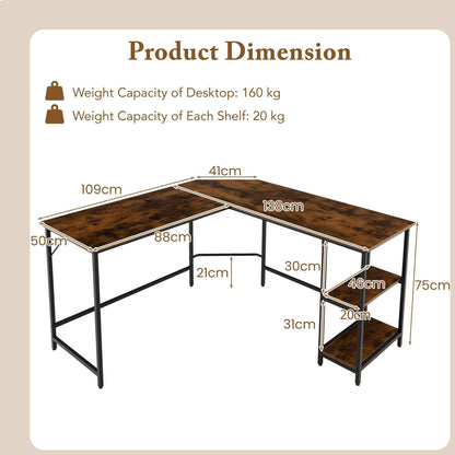 L-Shaped Computer Desk with 2-tier Shelves for Home Office Bedroom-Brown