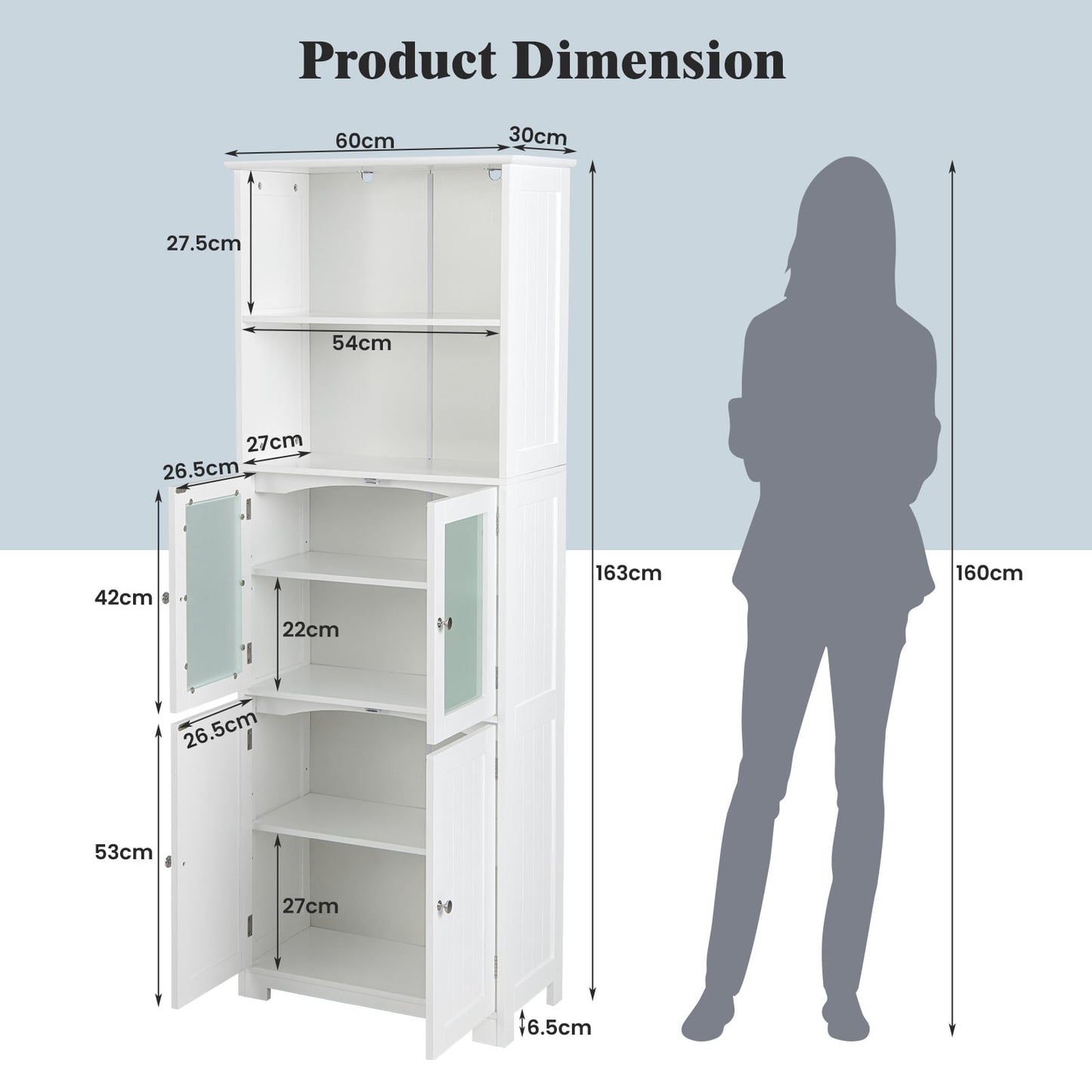 Freestanding Storage Cabinet with Tempered Glass Door and Open Shelves-White