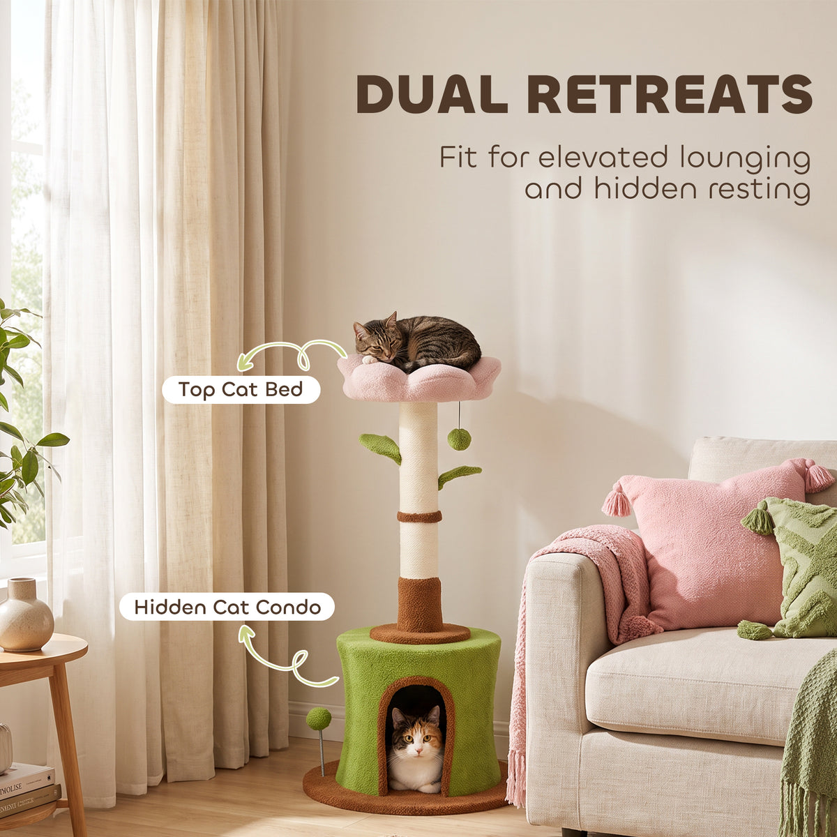 PawHut Cat Tree for Indoor Kittens, 88cm Flower Cat Tower with Condo & Bed, Scratching Post, 2 Toy Balls and 2 Crinkle Leaves