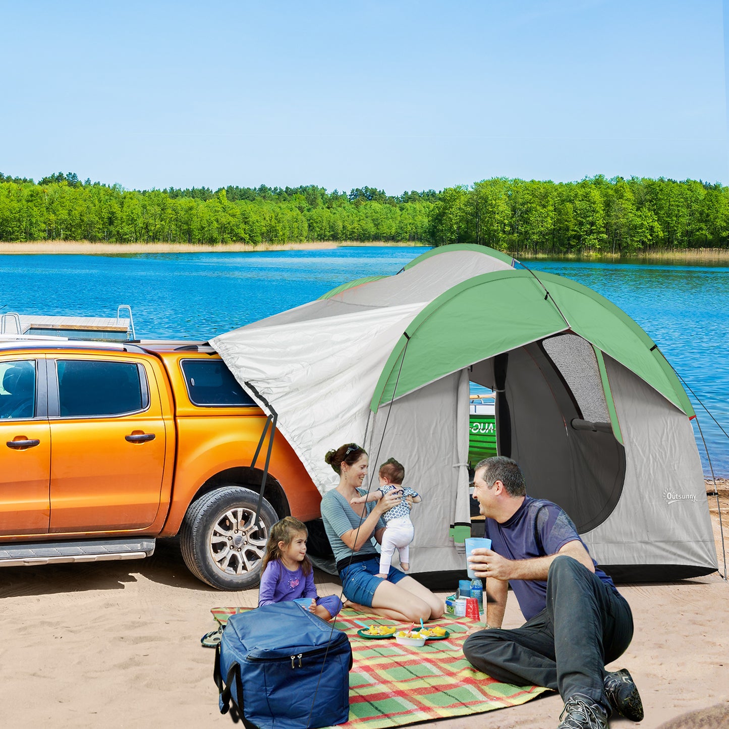 Outsunny SUV Car Tent for Camping, Waterproof PU2000mm, 5 Man Tailgate Tent, 2.4 x 2.1 m, Grey and Green