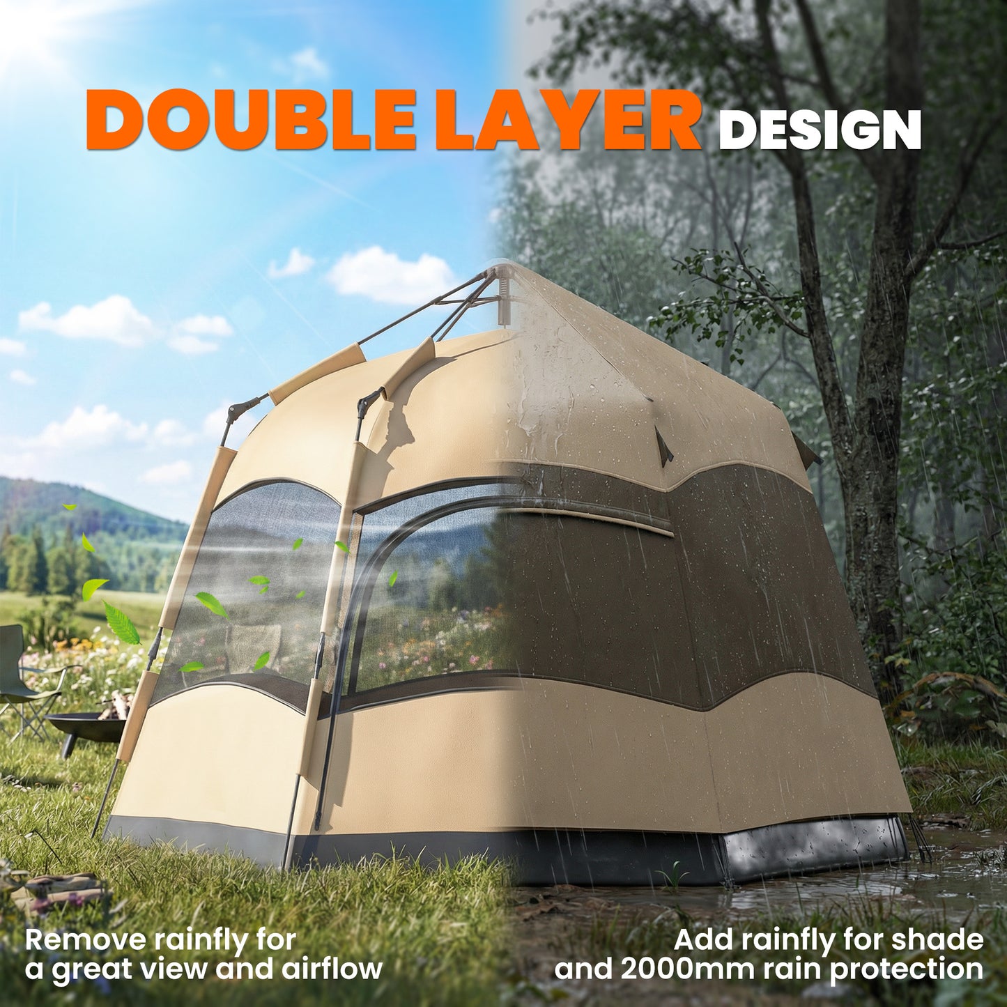 Outsunny Double Layer Instant Pop Up Tent with Rainfly, Portable Camping Shelter with Sewn-in Groundsheet and Carry Bag, Brown