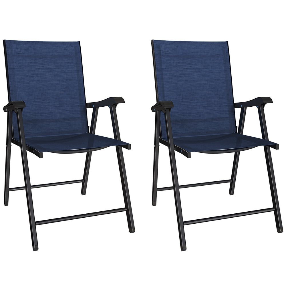 Outsunny Folding Garden Chairs Set of 2, Foldable Garden Dining Chairs with High Back, Armrests, Texteline Seat, Navy Blue