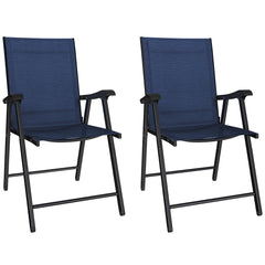 Outsunny Folding Garden Chairs Set of 2, Foldable Garden Dining Chairs with High Back, Armrests, Texteline Seat, Navy Blue