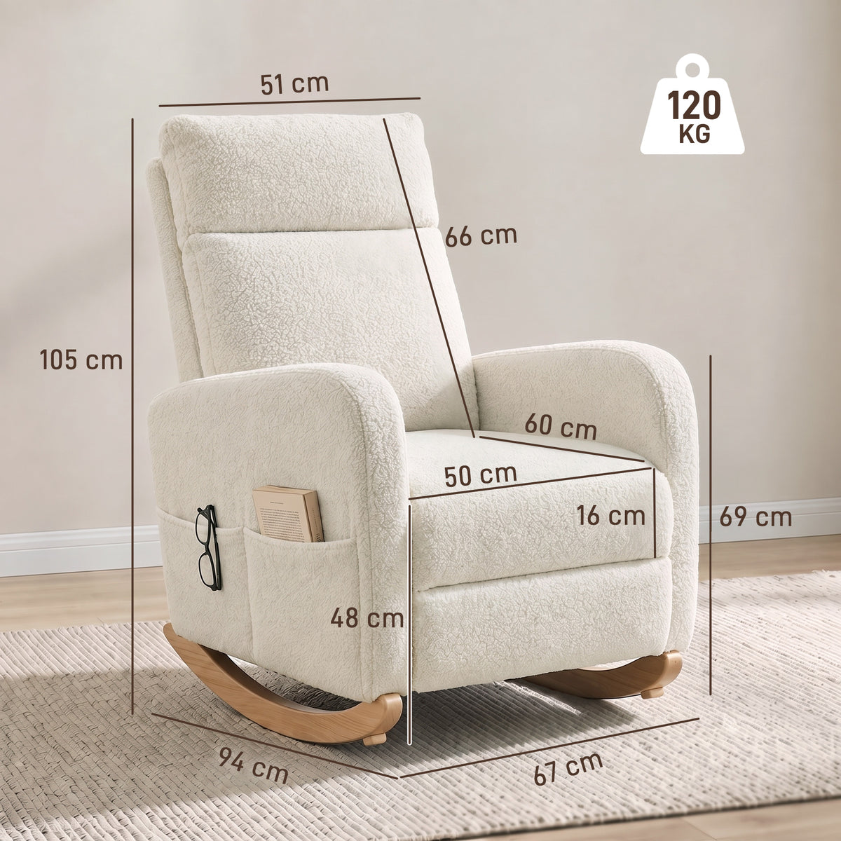 HOMCOM Sherpa Fleece Upholstered Armchair with Side Pockets & Solid Wood Legs, High Back Lounge Chair for Bedroom, Cream White