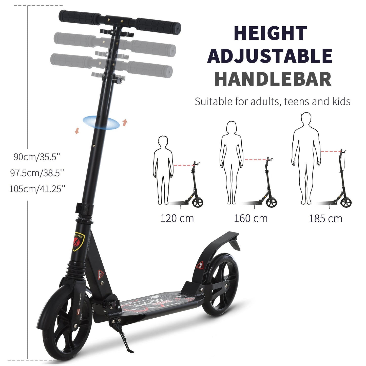 HOMCOM Folding Kick Scooter, Adjustable Ride On Scooter with 200mm Big Wheels and Double Shock Absorption, Urban Scooter for 14+ Teens Adult, Black