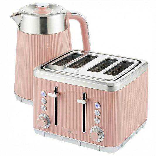 HOMCOM Electric Stainless Steel Kettle and Toaster Set, 3000W 1.7L UK Strix Thermostat Fast Boil Kettle Pink