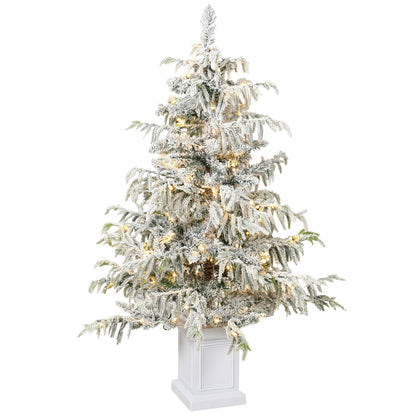 HOMCOM 4ft Prelit Flocked Christmas Tree, Artificial Snow Flocked Spruce with 160 Warm White LED Lights, 8 Modes, Green