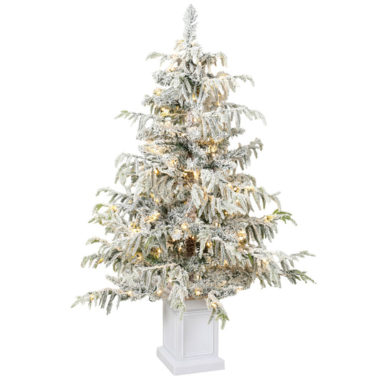 HOMCOM 4ft Prelit Flocked Christmas Tree, Artificial Snow Flocked Spruce with 160 Warm White LED Lights, 8 Modes, Green