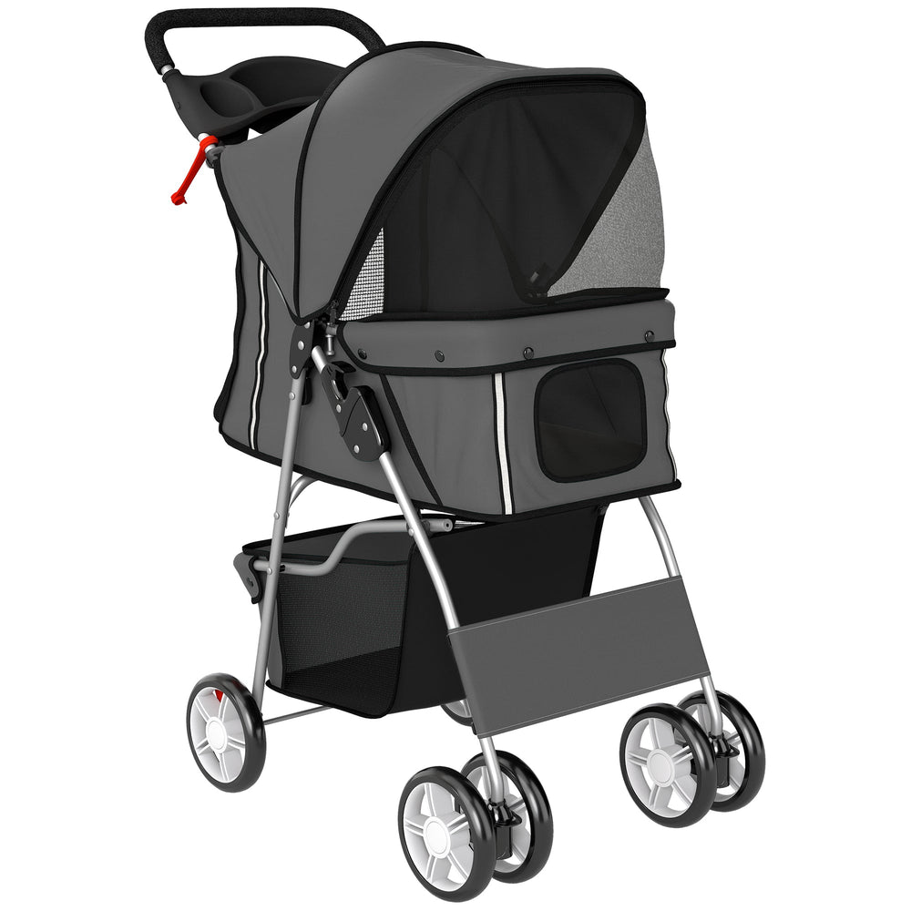 PawHut Dog Pram, Pet Stroller with Reflective Strips, Foldable Cat Stroller with 360 degrees Swivel Wheels, Dark Grey