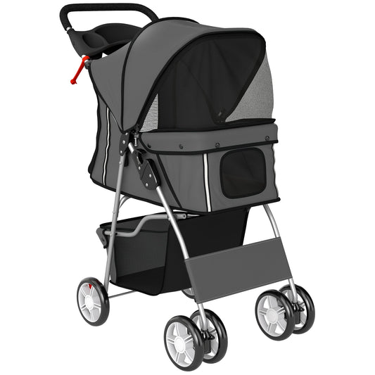 PawHut Dog Pram, Pet Stroller with Reflective Strips, Foldable Cat Stroller with 360 degrees Swivel Wheels, Dark Grey