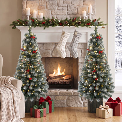 HOMCOM 4ft Pre-Lit Slim Artificial Christmas Tree Set of 2, with 100 Dual-Colour LED Lights, 140 Frosted Branch Tips