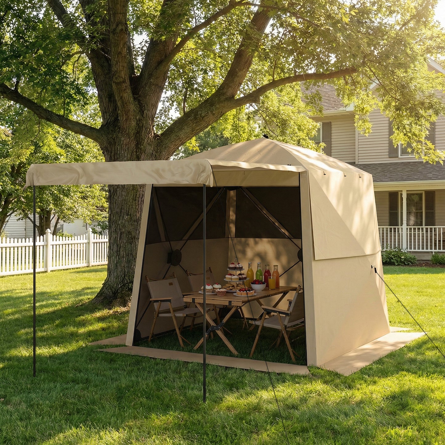 Outsunny Pop Up Gazebo Waterproof Instant Shelter with Awning Mesh Windows for Camping Patio 2 x 2 m, Khaki