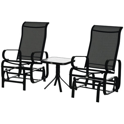 Outsunny 3 Pieces Garden Gliding Chair Set, Metal Frame 2 Single Armchair Swing Seater and 1 Glass Top Coffee Table w/ Breath Mesh Fabric Seat, Black