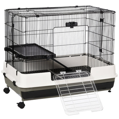 PawHut 2 Tier Rolling Small Animal Rabbit Cage Chinchillas Hutch Pet Play House with Platform Ramp Removable Tray 80 x 52.7 x 66 cm