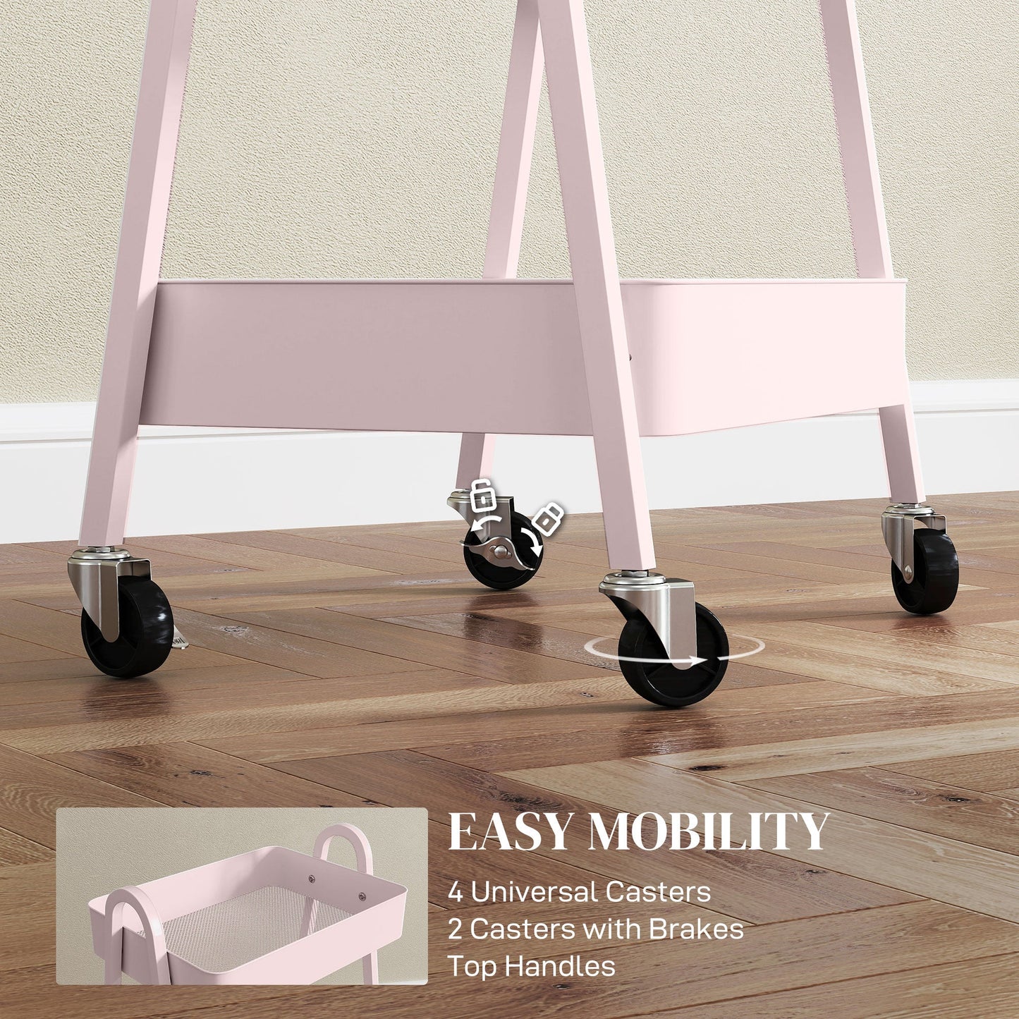 HOMCOM Three-Tier Storage Trolley - Pink