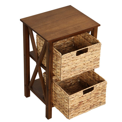 Sofa Side Table with Seagrass Baskets and Rubber Wood X-Shaped Frames and Acacia Wood Legs-Rustic Brown-2-Tier