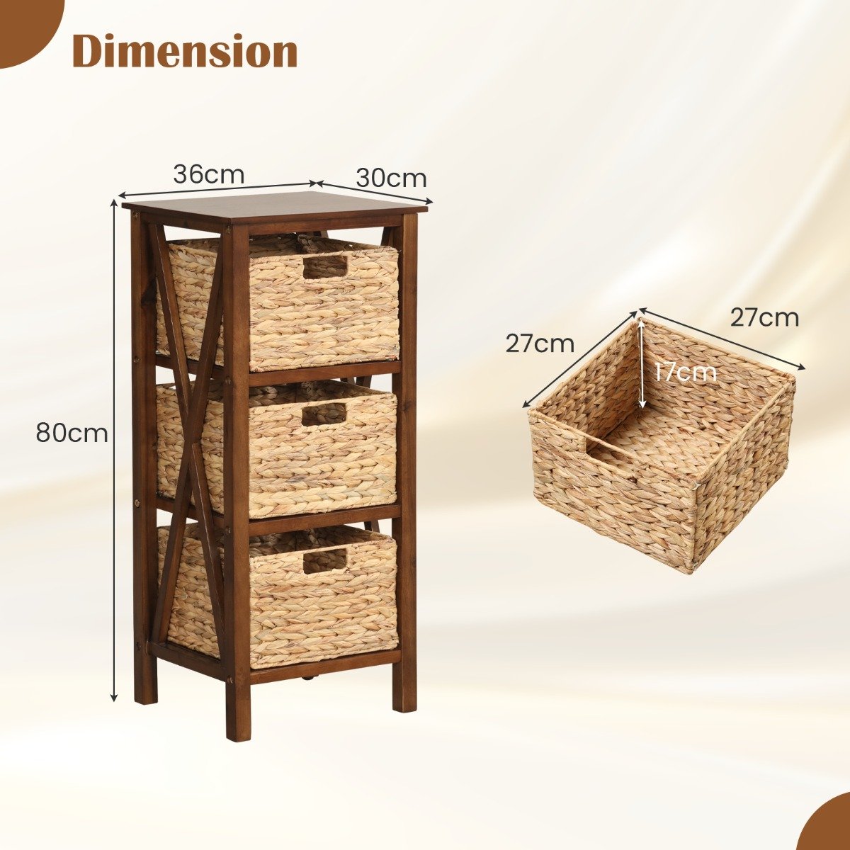 Sofa Side Table with Seagrass Baskets and Rubber Wood X-Shaped Frames and Acacia Wood Legs-Rustic Brown-3-Tier